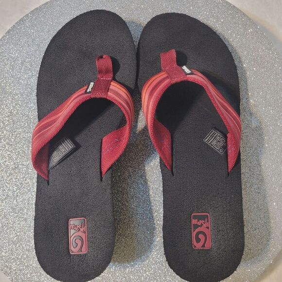 Teva Mush Mandalyn Wedge Thong Sandals Black Red Pink Striped 1000093B Size 9 - Picture 6 of 12